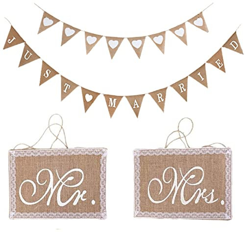 3 Set Hochzeit Wimpelkette Vintage Just Married Girlande/ Jute Herz Girlande/ Mr Mrs Stuhl Banner Set, Sackleinen Banner Für Brautdusche Fotorequisiten Dekoration