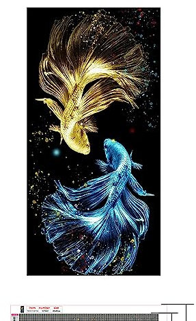 DCIDBEI 45 x 85 CM DIY 5D Runde Diamond Painting Meerestiere für Erwachsene, Diamant Malerei Fisch Kämpfer für Kinder, Dekoration Schlafzimmer Büro || Fischschwanz Gelb und Blau