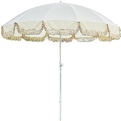 DJSDN Beigefarbener Strandschirm mit Fransen, runder Garten-Terrassen-Sonnenschirm mit Quaste und 12 Rippen, höhenverstellbar für Rasen, Garten, Terrasse