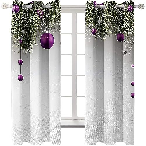 Homxi Blickdichter Vorhang Thermo 2er Set,2 x 132W x 115H cm,Vorhang Set Blickdicht Weiß Grün Tannenblätter und Weihnachtskugeln Vorhang Ösen