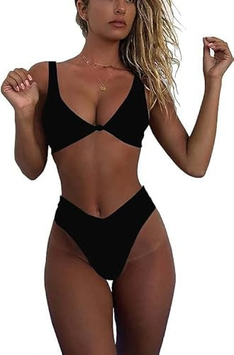 MeeQee Damen Bikini Set V Ausschnitt Breite Träger Gerippte Bademode Sexy Niedrige Taille Bikini Triangel-Tanga Zweiteiliger Badeanzug Swimsuit