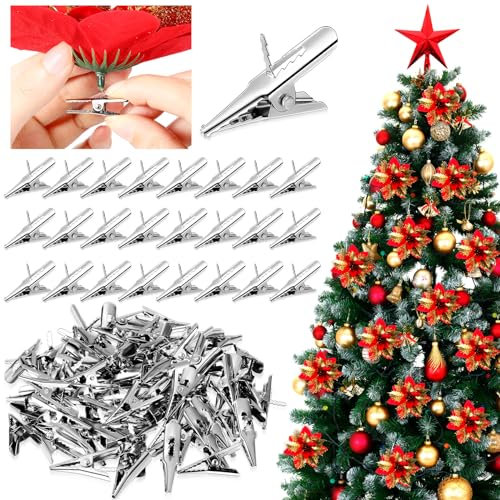 100 Stück Weihnachtsbaum-Ornament-Clips, Kugel-Blumen-Dekoration, Eisen, Metall, Krokodil-Federklemmen, Testlinie, Krokodil-Bastelkugeln, Haken, Aufhänger für Weihnachtsdekorationen, 3,8 cm