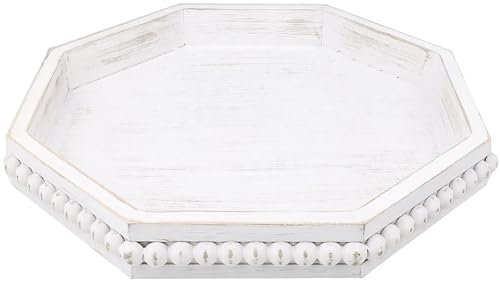 Hrastany Whitewashed Octagonal Wood Decorative Tray, Small Farmhouse Wooden Serving Tray with Beads, Versatile Shabby Chic Coffee Table Tray for Kitchen Counter, Ottoman, Living Room