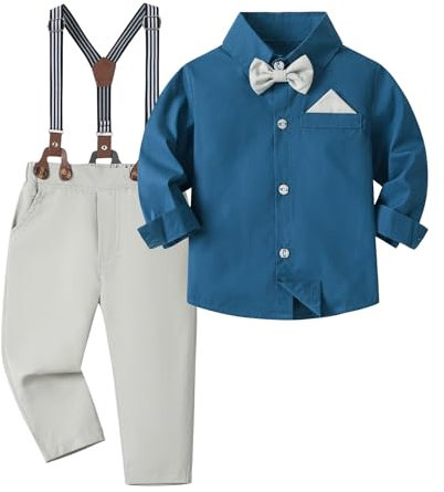 Volunboy Baby Jungen Anzug Set Bekleidung Hemd mit Fliege + Hosenträger Hosen Strampler Anzug(5-6 Jahre,Größe 130,Blue Grau)