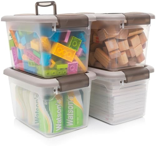Citylife 4 Packs Plastic Storage Box with Lids Storage Boxs with Handle Clear Stackable Storage Boxes 5L, 27.8 x 19.5 x 16.4cm, Grey