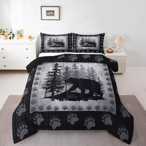 Castle Fairy Kinder-Bettwäsche-Set mit Bären-Aufdruck, Wildtier-Bettwäsche, Kiefern, Retro, Schlafzimmer-Kollektion, rustikales Bauernhaus-Gitterkaro, Jagdhütten-Dekor, Bettwäsche-Set für Herren,