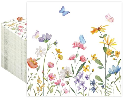 Yamobi 40 Stück Servietten Hochzeit,Servietten Frühling,Servietten Eukalyptus,Schmetterlinge Blumen Servietten für Baby Shower Geburtstag Hochzeit Party（33x33 厘米）