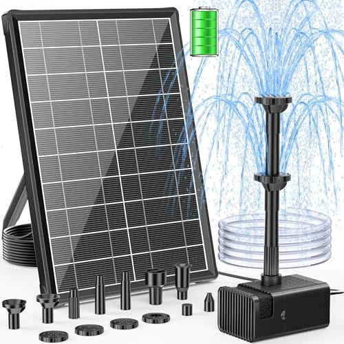 POPOSOAP 8W Solar Pond Pump with Battery Backup 3600mAh for Pond Bird Bath | Solar Water Pump for Cloudy Days, Dry-Run Protection Pump, 290L/H flow, 8 nozzles, 5ft tube, 9.85ft cable & anti-clog filter