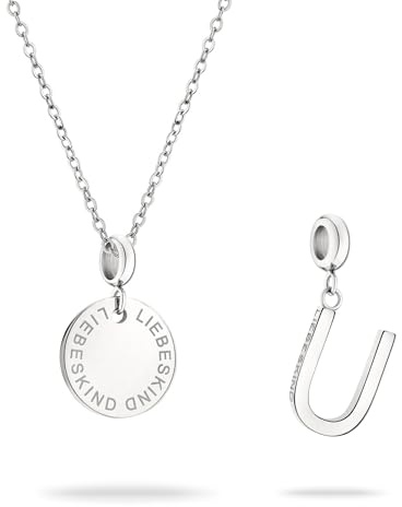 LIEBESKIND BERLIN Set - bestehend aus Halskette und Buchstaben Charm aus poliertem Edelstahl - Ankerkette mit Charm verstellbar bis 45cm - wasserfest & hautfreundlich