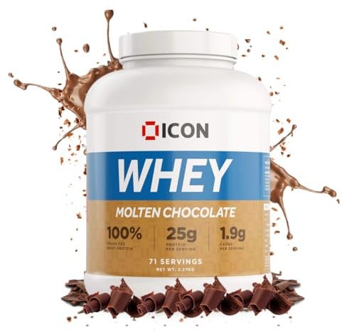 ICON Nutrition Whey Protein Powder — Molten Chocolate — High Protein, Grass Fed, Low Carbs & Fat, Complete Amino Acid Profile, Cold Shakes or Mix with Foods — 2.27kg, 71 Servings