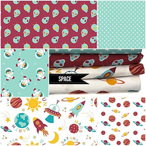 Weiß Space Fat Quarter Bundle Set – Quilting Stoff Space Astronauten Planeten Kids Material Patchwork 100% Baumwolle dicht gewebt – jedes Fat Quarter Größe 50 cm x 55 cm