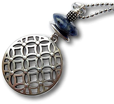 chrissona® lange Kette mit Blume des Lebens, versilbert, Halskette, Geschenk, Frau, 80 cm lange Kugelkette aus Edelstahl mit Verbinderverschluss, Sodalith, blau