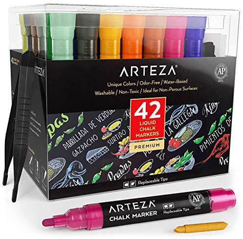 ARTEZA Pennarelli a Gesso Liquido Cancellabili, Confezione da 42 Colori a Base d'Acqua con 50 Etichette per Lavagna Gratuite e Punte Sostituibili per Bambini, Adulti, Bistrot e Ristoranti