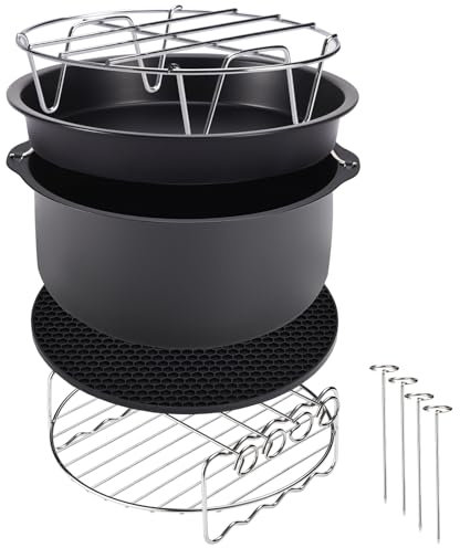 MONZANA® Heißluftfritteuse Zubehör XL 6,5L Fritteuse Set 9tlg mit Brotbackkorb Pizzapfanne Silikonpfanne Grillrost Spieße