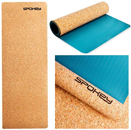 SPOKEY Savasana Yogamatte 183 x 60 x 0.4 cm | Rutschfest, stabilisierend und sicher | Für Yoga, Pilates, Fitness und Gymnastik | Aus Kork und umweltfreundlichem TPE, zu 100 % biologisch abbaubar, Blau, 926522