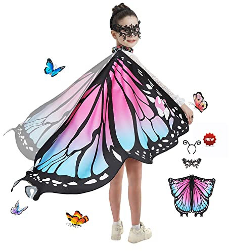 JEPOZRA Schmetterling Flügel Kostüm für Kinder Halloween Mädchen Umhang Fee Verkleidung Spielzeug Umhang Schal Prinzessin Party Elfen Set Cosplay,Maske und Kopfbedeckung sind enthalten