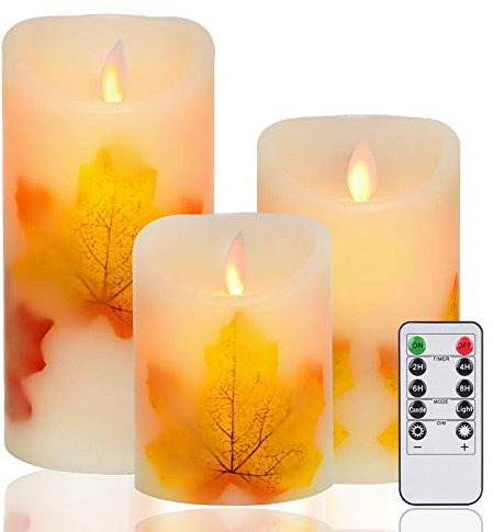 AnnSpa 3 Sets Foglia di Acero Candela LED Senza Fiamma a Batteria con Telecomando, Cera Vera Mossa tremolante stoppino Sfarfallio Ambra Candele gialla , Cera Unscented per Regalo e Decorazione