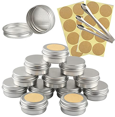 TIANZD 100 Stück Leere 10 ml Rund Silber Aluminium Tins Schraubdose Cremedose Alu-Tiegel Dosen mit Schraub-Deckel 5ml Aludose Blechdosen für Kosmetik Kerze Salben 3x Löffel, 100x Etikette