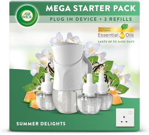 Air Wick Plug in Diffuser Bundle Kit, Summer delight, 1 Device & 3 Refill (19ml), Long Lasting Fragrance, Lasts up to 300 days, Plug in Air freshener