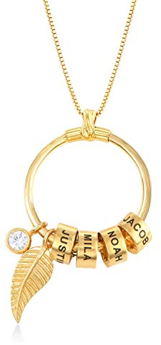 MyNameNecklace MYKA Personalisierte Linda Kreisanhänger-Kette mit Blatt und Beads™ aus Sterling Silber 925 / Vergoldet - Geschenk für Damen - Mutter - Freundin (750er Gold-Vermeil)