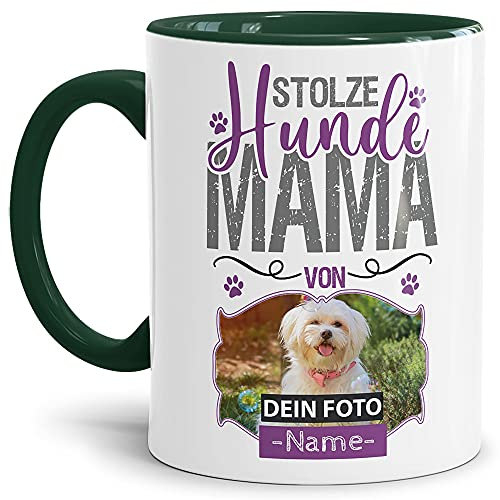 Tasse mit Spruch - Collage Hundemama - Für alle Hundefreunde und Hundebesitzer - mit Wunschname und Foto Personalisieren - Keramiktasse - Innen & Henkel Dunkelgrün, 300 ml