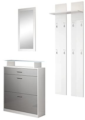 MB Muebles Bonitos | Flurmöbel Set mit Schuhschrank, Spiegel und Garderobe | Glasablage mit LED | Glänzendes Melamin | Farbe Weiß und Grau | Schuhregal für die tür | Modell Paola Set