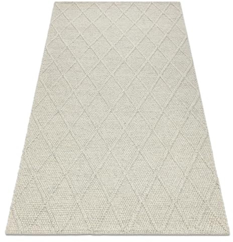 rugsx Wollteppich TAHAR 99001C beige, handgewebt Teppich für Wohnzimmer, Schlafzimmer, Schlinge, Rauten, Boho 90x150 cm