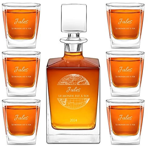 Maverton Carafe en Verre et 6 Verres à Whisky - Cadeau personnalisé avec Gravure pour Hommes - pour dégustation de Rhum Scotch Bourbon - pour Gentleman - Cadeau Anniversaire Homme - Monde