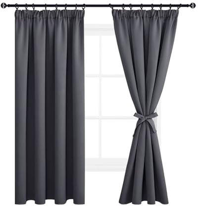 DWCN Vorhänge Blickdicht Gardinen mit Kräuselband Vorhang Schlafzimmer 2er Set H 175 x B 140 cm, Warm Verdunkelungsvorhang mit Vorhang-Krawatten Thermovorhang für Wohnzimmer, Dunkel Grau