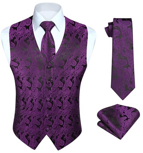 HISDERN Gilet Costume Homme Violet Paisley Floral Jacquard Gilet Cravate Poche Carre Mouchoir Ensemble Gilets Sans Manche Mariage L