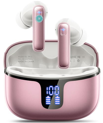 Wireless Earbuds, Headphones Wireless Bluetooth 5.3 with 4 ENC Noise Cancelling Mic, 40Hrs Bluetooth Earphones LED Display, Deep Bass Stereo in Ear Earbuds,14.2mm Drivers/IP7 Waterproof Ear Buds Gold