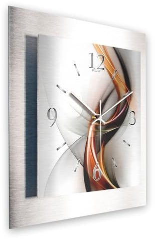 Kreative Feder 3D Designer-Wanduhr aus gebürstetem Aluminium leise Wanduhr ohne Ticken quadratisch 40x40cm (Abstrakt Flamme, leises Funkuhrwerk)