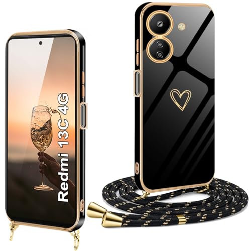 Funda para Redmi 13C 4G con Cuerda, Carcasa Redmi 13C con Correa Colgante Ajustable Collar de Cuello Fundas Redmi 13C con Cordón Silicona Cover de Corazón con Chapado en Oro de Lujo Redmi 13C Case