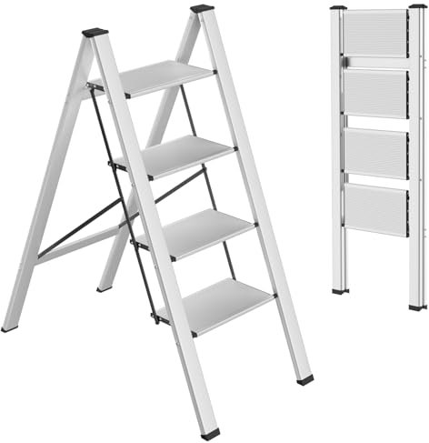Scala pieghevole in alluminio a 4 livelli, antiscivolo, scaletta portatile per casa, scala leggera, portata fino a 150 kg, utilizzata in cucina, casa, ufficio (argento)