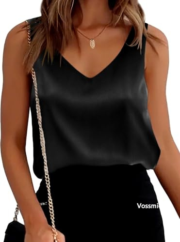 Vossmi Camiseta Sin Mangas Mujer Top Color Sólido Cuello en V Tank Tops Camisole Blusa Shirt Casual Elegante Chaleco de Satén para Mujer