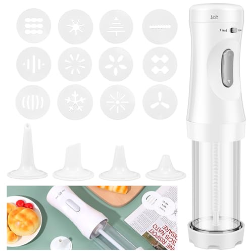 Abizarch Elektrische Plätzchenpresse DIY Cookies Maker Set mit 12 Keksscheiben und 4 Zuckergussdüsen Elektrische Kekspresse Dekorieren Kit Abnehmbare Cookie Maker Maschine Elektrische Plätzchen