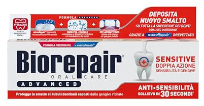 Biorepair, Dentifricio Advanced Sensitive, Doppia Azione Anti-Sensibilità, Protegge le Gengive, con MicroRepair e CPC Antibatterico, Contrasta la Recessione Gengivale, 75 ml