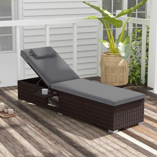 RELAX4LIFE PE Rattan Sun Lounger, Garden Chaise Lounge Bed Chair with 6-Level Adjustable Backrest, Cushion, Headrest and Folding Side Table, Outdoor Patio Wicker Recliner Chair Deck Sunbed (Grey)