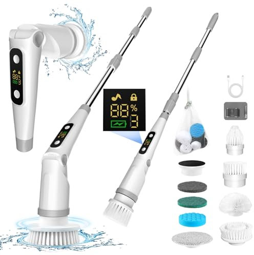 Elektrische Reinigungsbürste, GRUTTI Electric Spin Scrubber schnurlos mit 8 austauschbaren Bohrbürstenköpfen, Wanne und Bodenfliese mopSet mit 133cm verstellbarem Griff für Bad Küche Auto Fußboden