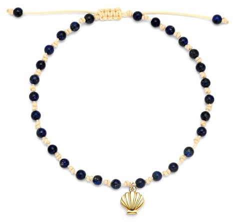 JENDEAR Damen Lapislazuli Sommerstrand Geflochtene Fußkettchen mit Muschel-Elementen, 18K Vergoldet, 925 Silber Fußkette, im Boho-Stil