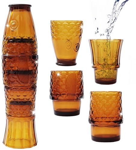 Gökotta Set of 4 | Handmade Stacking Koi Carp Fish Cocktail Glasses | Drinking Tumblers | Retro Fun Quirky Gift Present | Dinner Party Water Juice Coffee Mugs Cups | 4PCS 250ml (Amber)