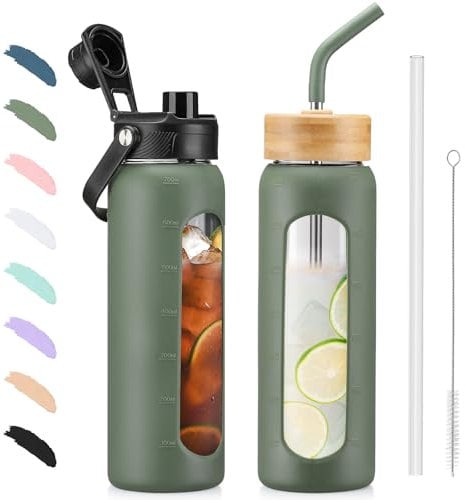BLUEGO Trinkflasche Glas 700ml Sport Wasserflasche mit 2 Deckeln und Strohhalm Auslaufsichere Glasflasche mit Zeitmarkierung und Messskala BPA frei, Oliver