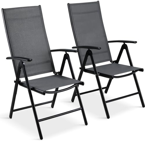 LIFERUN Hochlehner Gartenstuhl Klappbar, Alu Balkonstuhl 2er Set, Gartenstühle Hochlehner Verstellbar 7-Fach, Gartensessel Outdoor, Wetterfest, Klappstuhl Campingstühle, bis 120kg, Dunkelgrau
