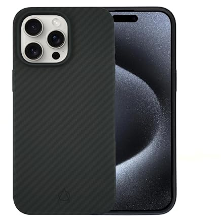 A-Case Savar Serie Hülle für iPhone 15 Pro Max, 1500D Aramidfaser, Ultradünn, Leicht, Kompatibel mit Magsafe, Schutzhülle mit Kameraschutz, Carbonfaser Handyhülle, Schwarz/Grau (Twill)