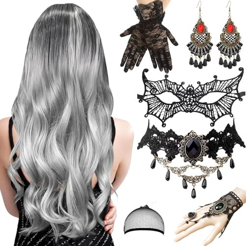 Perücke Halloween Damen, 70cm Halloween Perücke Damen, Graue Perücke Damen Frauen Kostüm Halloween mit Gotisch Halskette Armband Ohrringe Maske Spitzenhandschuhe für Halloween Karneval Cosplay Party