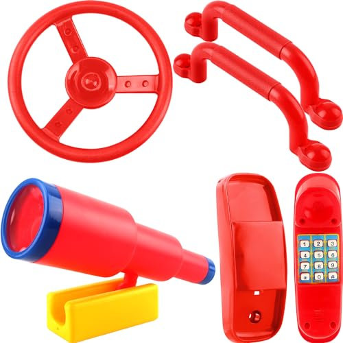 5 Pack Kids Playground Accessories Swingset Safety Handles Playhouse Steering Wheel Plastic Telescope Telephone Toy (Color Set 3)