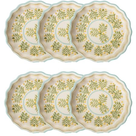 Tranquillo 6er Set Tarteletteform aus Steinzeug mit handgestempeltem Print grün/gelb RETRO, Ø11 x 3 cm