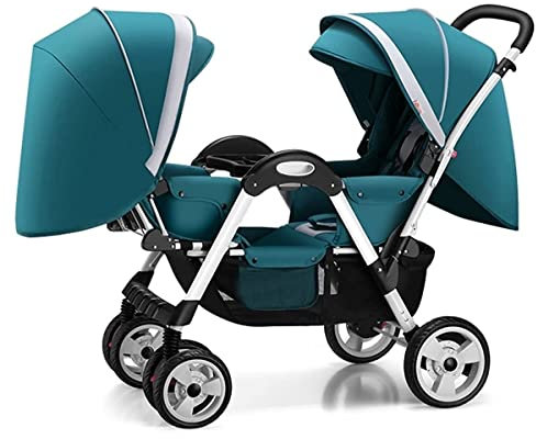 Doppelter Kinderwagen for Zwillinge - Gemütlicher kompakter Zwillingskinderwagen, Zusammenklappbarer Zwillingskinderwagen, Übergroßes Verdeck, Tandemkinderwagen mit Doppelsitz und Tandemsitz(Groen)