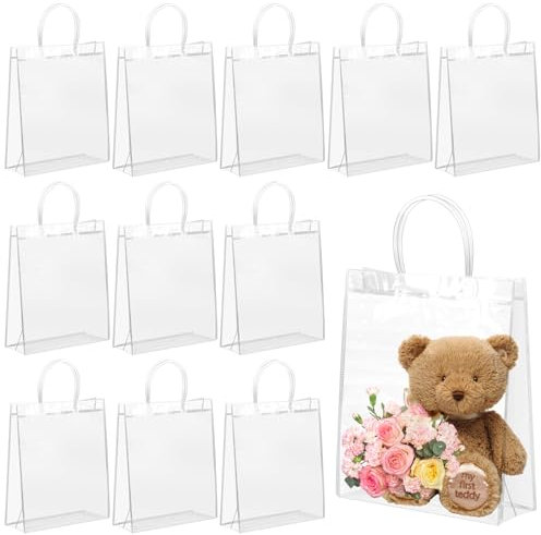 FINEASY 12 Stück Geschenktüten Transparent, 26 x 20 x 8 cm Durchsichtige Geschenktüten Mit Griffen, Wiederverwendbare PVC Geschenktüten für Partygeschenke, Hochzeit, Geburtstag und Einkaufen