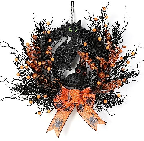 Künstliche Halloween-Kränze für Haustür, schwarz-oranger Halloween-Türkranz, Herbstkranz mit schwarzer Katze, Eule, Rose, Ornamente, Dekoration für Veranda, Fenster, Zuhause, Party-Dekoration, 55,9 cm